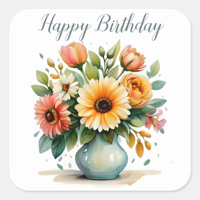 Watercolor Flower Bouquet Birthday Square Sticker (Front)