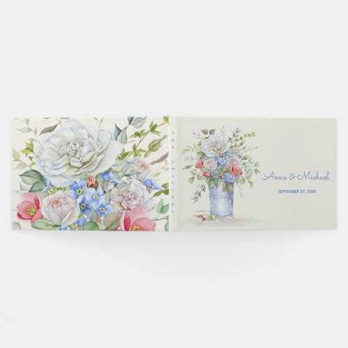 Watercolor Flower Bouquet Ivory Blue Any Color Guest Book