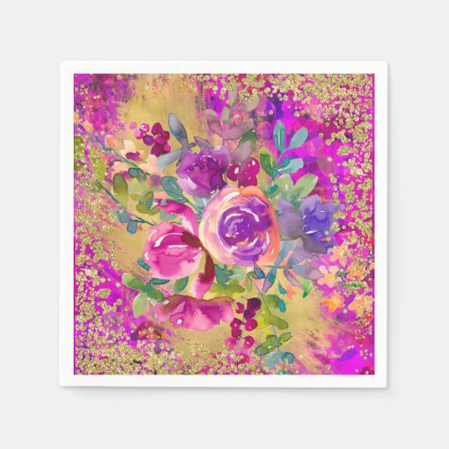 Watercolor Flower Bouquet on Pink Glitter Napkins