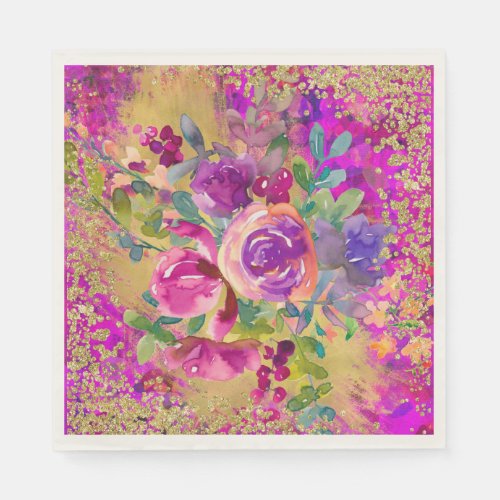 Watercolor Flower Bouquet on Pink Glitter Napkins