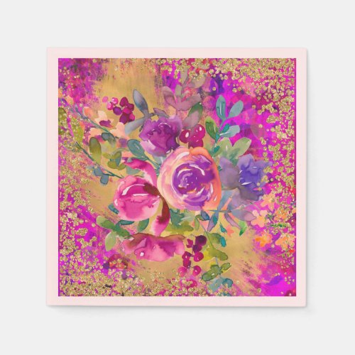 Watercolor Flower Bouquet on Pink Glitter Napkins