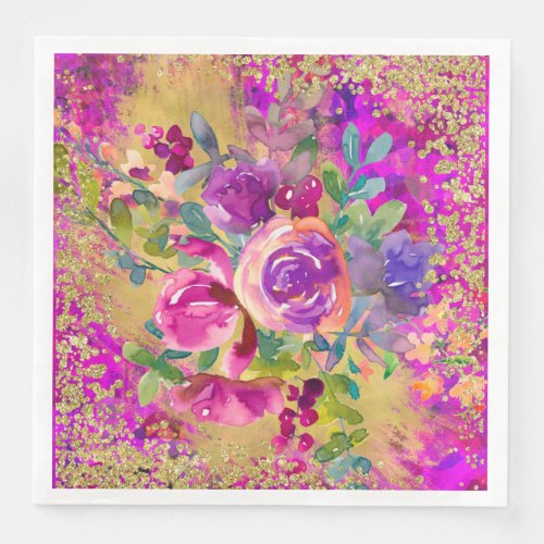 Watercolor Flower Bouquet on Pink Glitter Paper Dinner Napkins