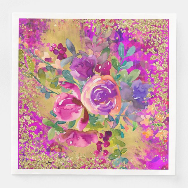 Watercolor Flower Bouquet on Pink Glitter Paper Dinner Napkins (Front)