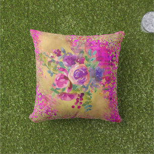 Watercolor Flower Bouquet on Pink Gold Glitter Outdoor Pillow