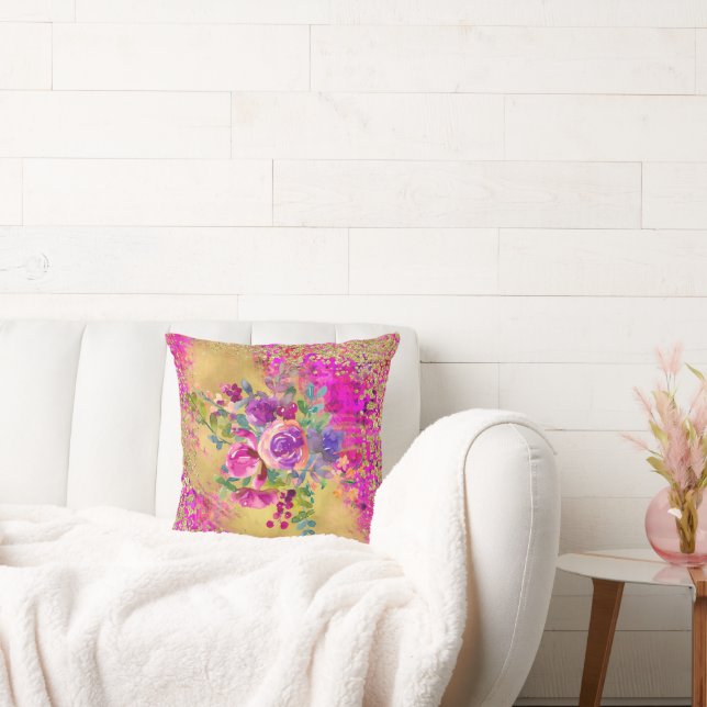 Watercolor Flower Bouquet on Pink Gold Glitter Throw Pillow (Couch)