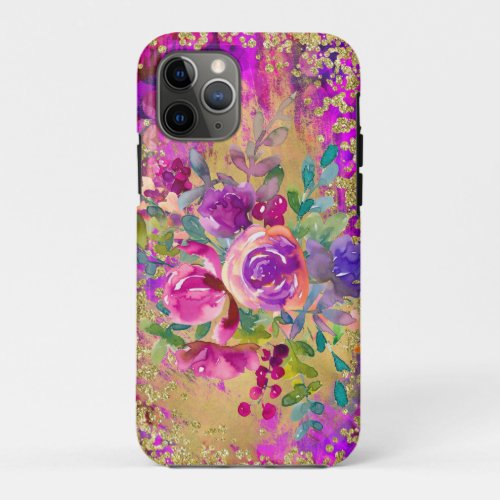 Watercolor Flower Bouquet on Raspberry Pink iPhone 11 Pro Case