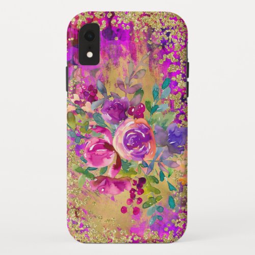 Watercolor Flower Bouquet on Raspberry Pink iPhone XR Case