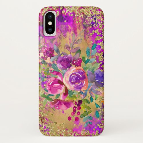 Watercolor Flower Bouquet on Raspberry Pink iPhone XS Case