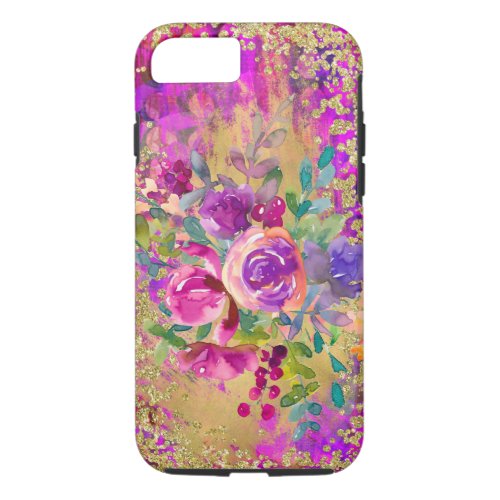 Watercolor Flower Bouquet on Raspberry Pink iPhone 87 Case