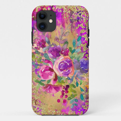 Watercolor Flower Bouquet on Raspberry Pink iPhone 11 Case