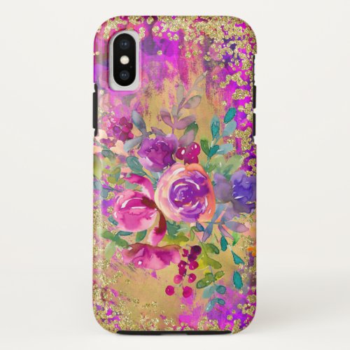 Watercolor Flower Bouquet on Raspberry Pink iPhone XS Case