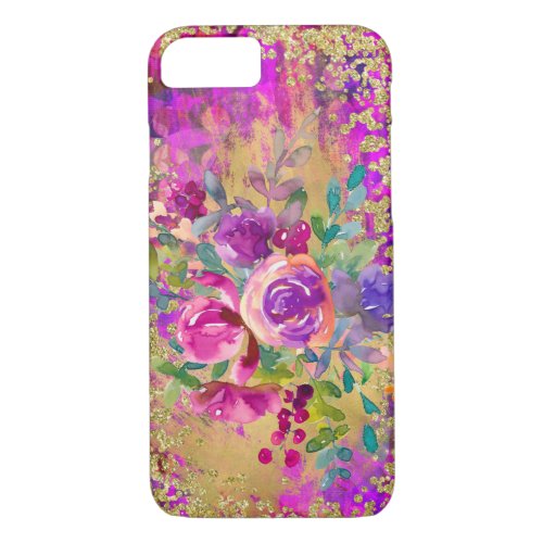 Watercolor Flower Bouquet on Raspberry Pink iPhone 87 Case