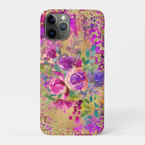 Watercolor Flower Bouquet on Raspberry Pink iPhone 11 Pro Case