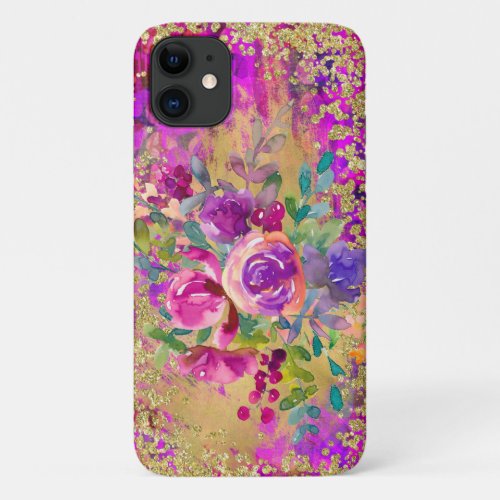 Watercolor Flower Bouquet on Raspberry Pink iPhone 11 Case
