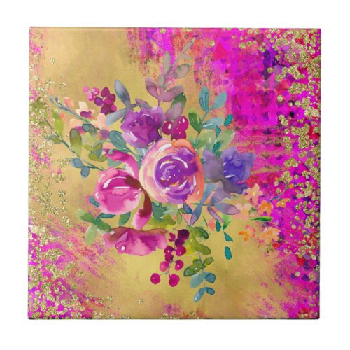 Watercolor Flower Bouquet on Raspberry Pink Ceramic Tile