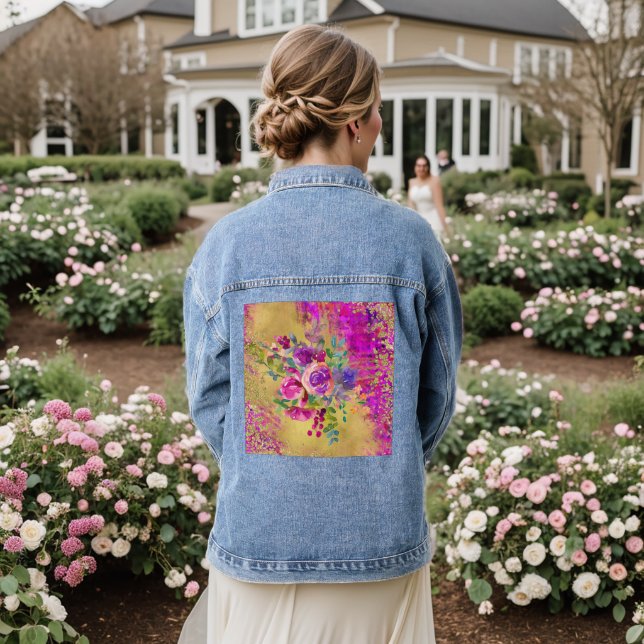 Watercolor Flower Bouquet on Raspberry Pink Denim Jacket (Wedding Back)