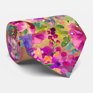 Watercolor Flower Bouquet on Raspberry Pink Neck Tie