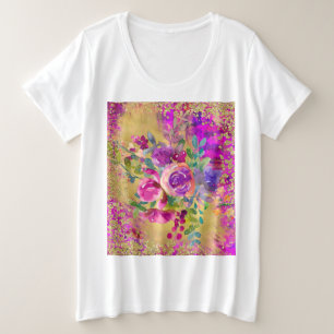 Watercolor Flower Bouquet on Raspberry Pink Plus Size T-Shirt