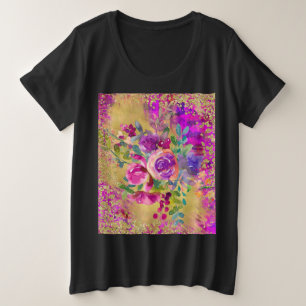 Watercolor Flower Bouquet on Raspberry Pink Plus Size T-Shirt