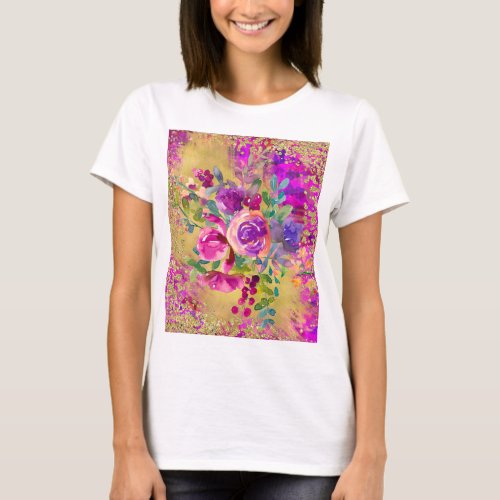 Watercolor Flower Bouquet on Raspberry Pink T_Shirt