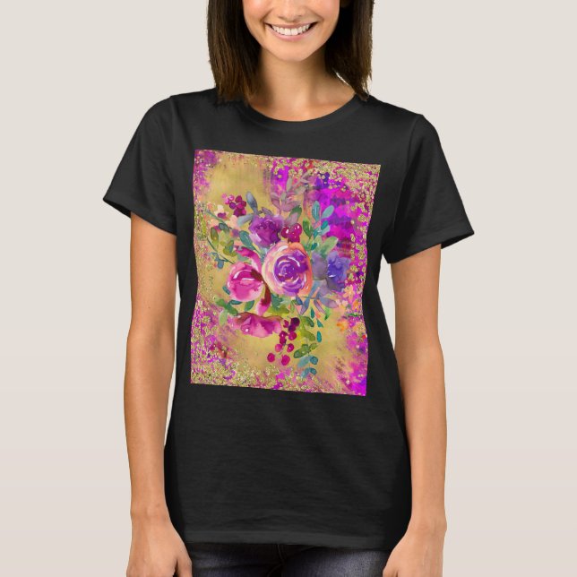 Watercolor Flower Bouquet on Raspberry Pink T-Shirt (Front)