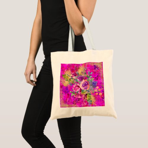 Watercolor Flower Bouquet on Raspberry Pink Tote Bag
