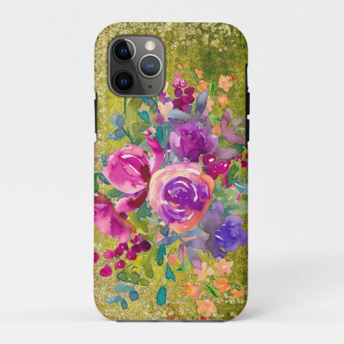 Watercolor Flower Bouquet on Rustic Green iPhone 11 Pro Case