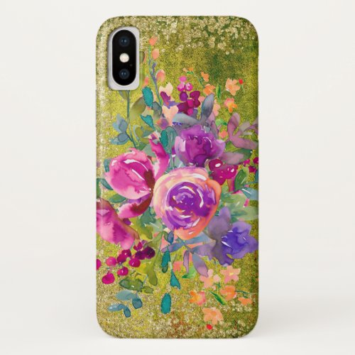 Watercolor Flower Bouquet on Rustic Green iPhone XS Case