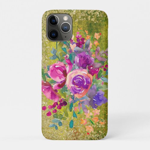 Watercolor Flower Bouquet on Rustic Green iPhone 11 Pro Case