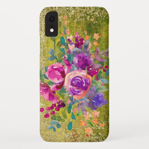 Watercolor Flower Bouquet on Rustic Green iPhone XR Case