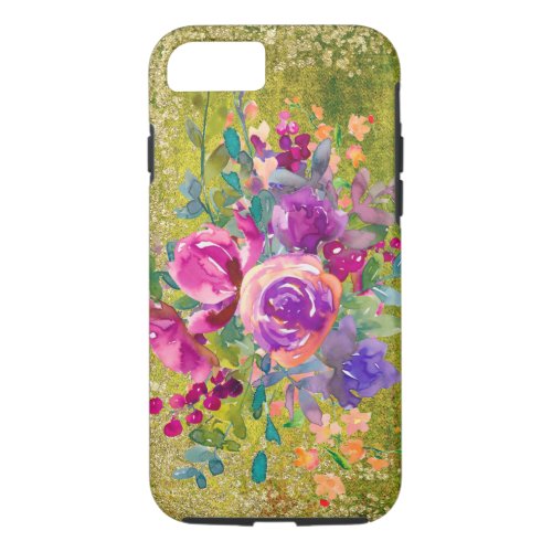 Watercolor Flower Bouquet on Rustic Green iPhone 87 Case