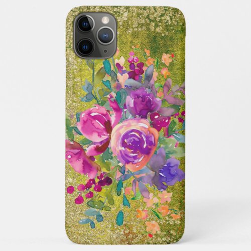 Watercolor Flower Bouquet on Rustic Green iPhone 11 Pro Max Case