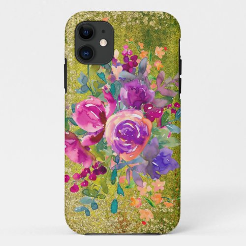 Watercolor Flower Bouquet on Rustic Green iPhone 11 Case