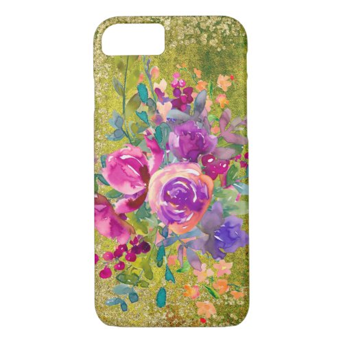 Watercolor Flower Bouquet on Rustic Green iPhone 87 Case