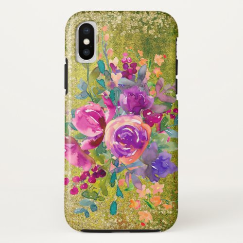 Watercolor Flower Bouquet on Rustic Green iPhone XS Case