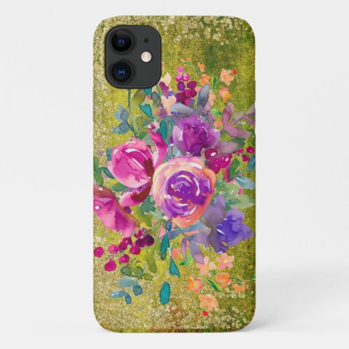 Watercolor Flower Bouquet on Rustic Green iPhone 11 Case