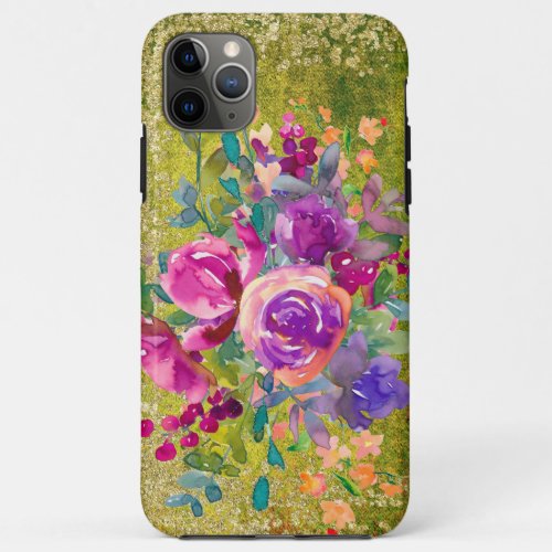 Watercolor Flower Bouquet on Rustic Green iPhone 11 Pro Max Case