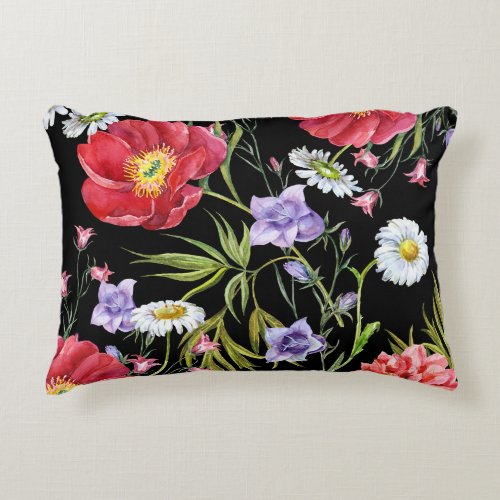 Watercolor Flower Bouquet Seamless Pattern Accent Pillow