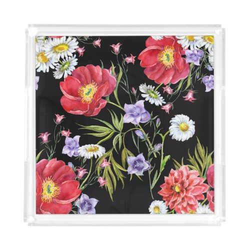 Watercolor Flower Bouquet Seamless Pattern Acrylic Tray