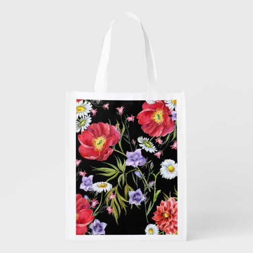 Watercolor Flower Bouquet Seamless Pattern Grocery Bag