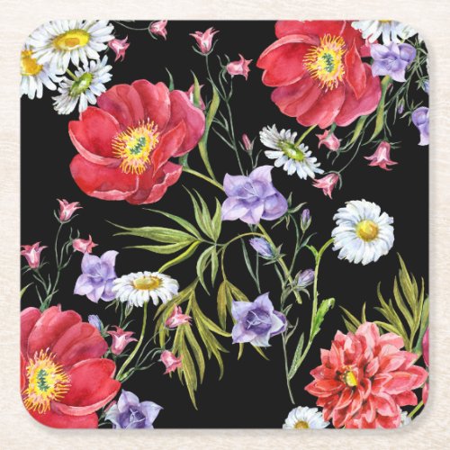 Watercolor Flower Bouquet Seamless Pattern Square Paper Coaster