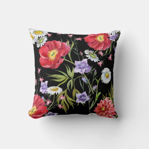 Watercolor Flower Bouquet Seamless Pattern Throw Pillow