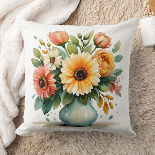Watercolor Flower Bouquet  Throw Pillow (Blanket)