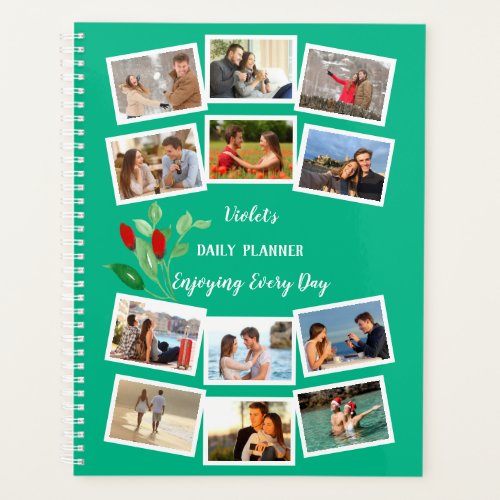 Watercolor Flower Bud Teal Red 12 Photo Collage Planner