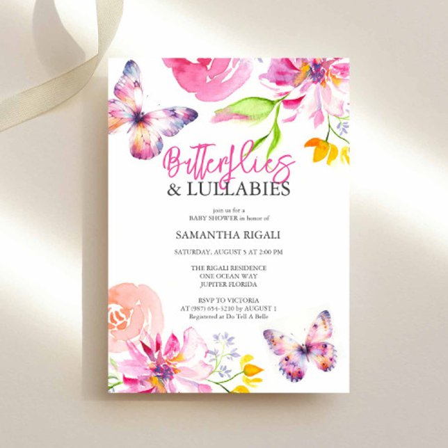 Watercolor Flower Butterfly Baby Shower Invitation (Butterfly babyshower invitations in pink, lavender and peach by Victoria Grigaliunas Do Tell A Belle)