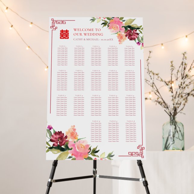 Watercolor flower chinese wedding seating chart foam board (In Situ (Stand))