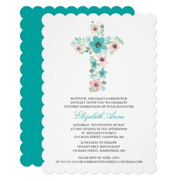 Watercolor Flower Cross First Holy Communion Invitation