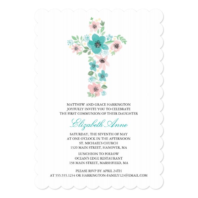 Watercolor Flower Cross First Holy Communion Invitation