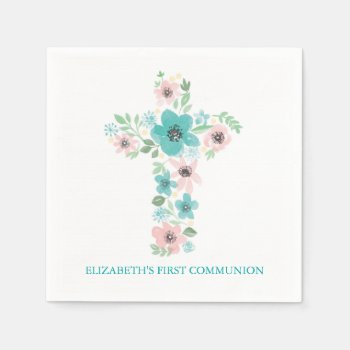 Watercolor Flower Cross First Holy Communion Paper Napkins by labellarue at Zazzle