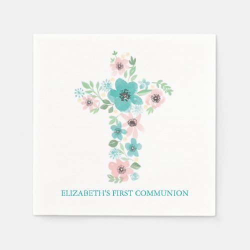 Watercolor Flower Cross First Holy Communion Paper Napkins